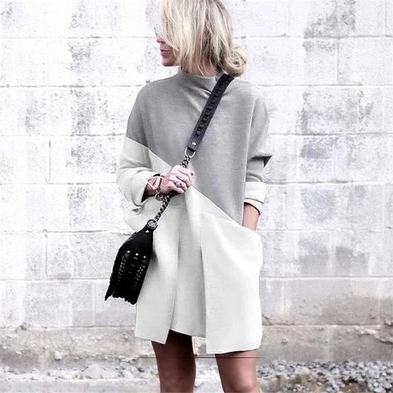 

Fall Winter Women Dress Fashion Sexy Casual Splice long Sleeve Turtleneck Dress Elegant Casual A-line mini Party Dresses Y200120, Gray