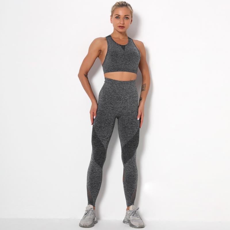 

New Seamless Knitted High Waist Hip Sexy Hollow Yoga Wear Bra Set sSports Running Fitness Pants Seamless Gym Running Leggings, Black
