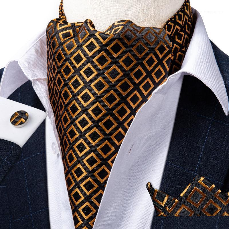 

Bow Ties Gold Check Black Vintage Silk Cravat Ascot Neck-Tie Scrunch Men Wedding Formal Self Tie Necktie Pocket Square Set DiBanGu1