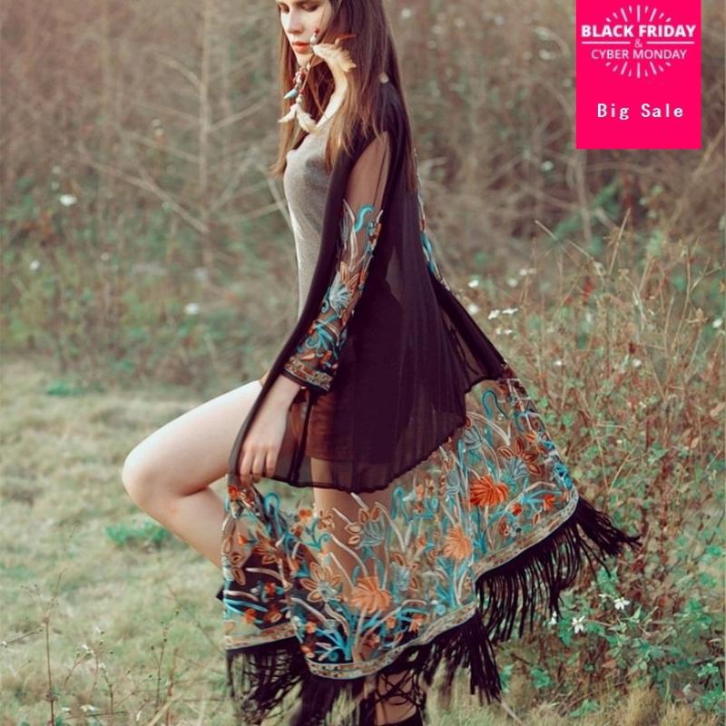 

New spring and summer 2020 women's European leg national style retro fringed jacket embroidered organza chiffon cardigan w378, Black
