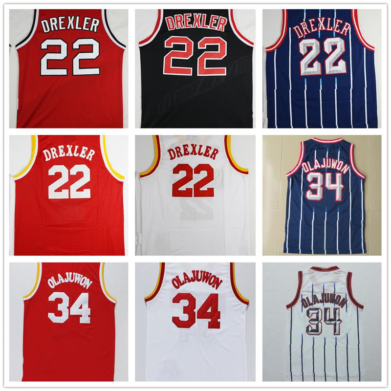 

High Quality 22 Clyde Drexler Jersey Black Red 34 Hakeem Olajuwon White Blue Stripe 3 Steve Francis Basketball Jerseys Retro Throw back