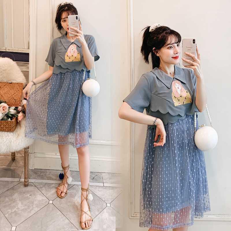 

Maternity Dress Loose Stylish Dress for Pregnant Women Polka Dot Gauze Patchwork Slimming Mom1, Beige