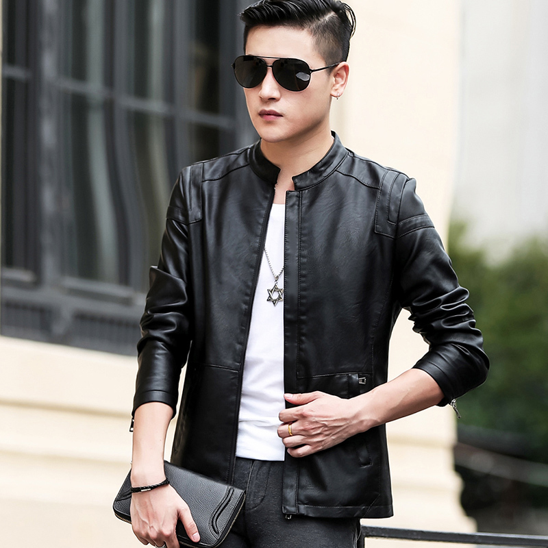 

Autumn and winter new male leather short Korean style lean young jacket, Burgundy