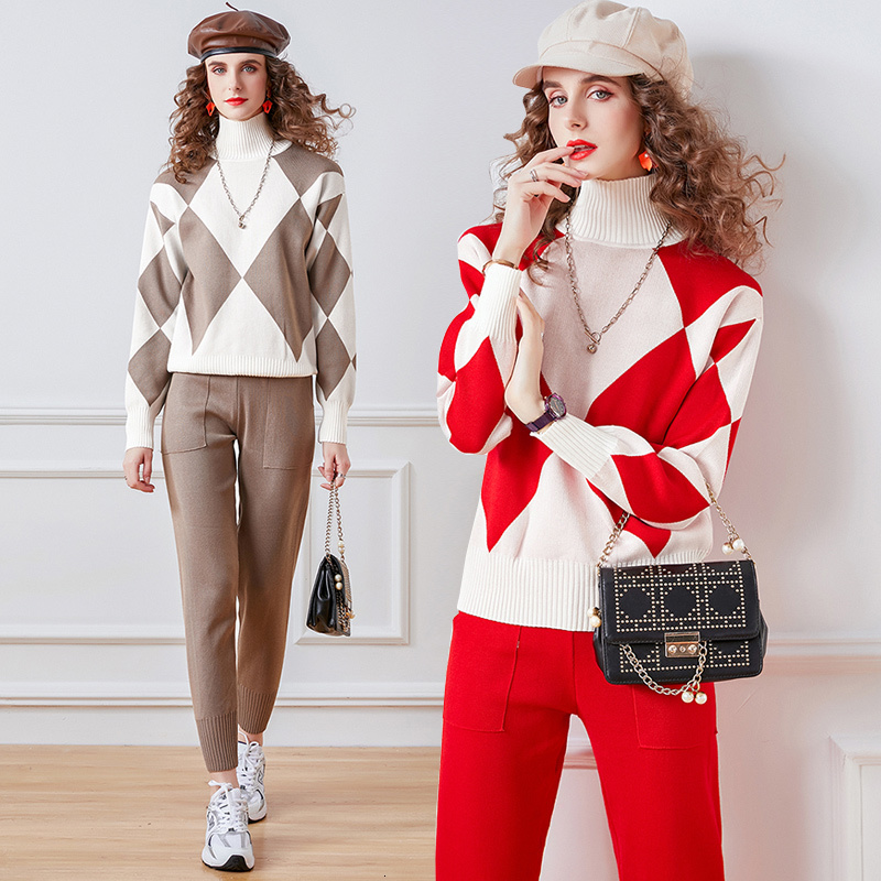 

2021 New Women Knit Turtleneck Geometric Rhombus Pullover Sweaters+pants Sets Woman Fashion Jumpers Trousers 2 Pcs Costumes Outfit Sum6, Blue