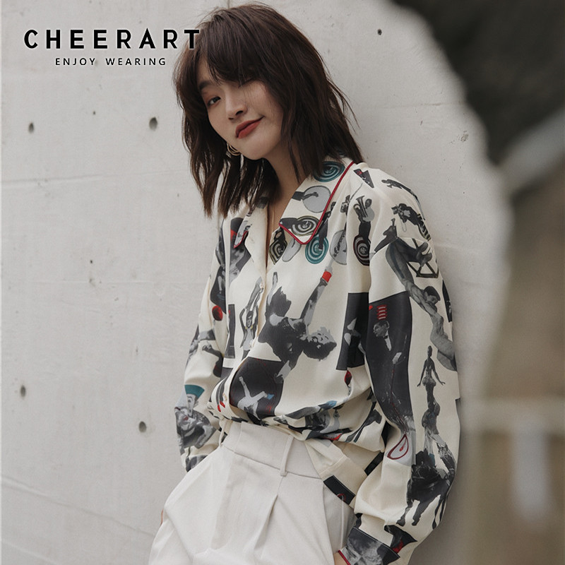 

CHEERART Circus Print Vintage Blouse Long Sleeve Button Up Collar Shirt Designer Top Woman Blouses Shirts New Arrival 201126, Beige