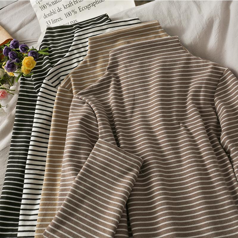 

2020 Autumn and Winter Thickened Slim Fit Slimming Stripes Base Shirt Women's New Long Sleeve Half Turtleneck Warm Top, Black