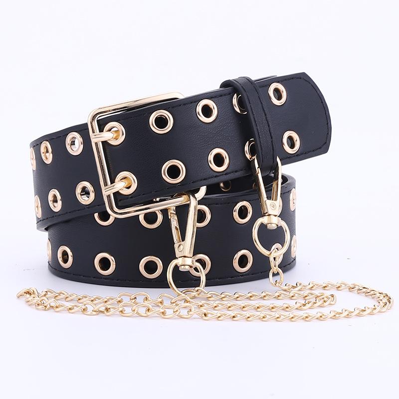 

2020 New Women's Belt Punk Double Gold Pin Buckle Belt Grommet Rivets Waist PU Leather Cinturon Chain Waistband Jeans, Black