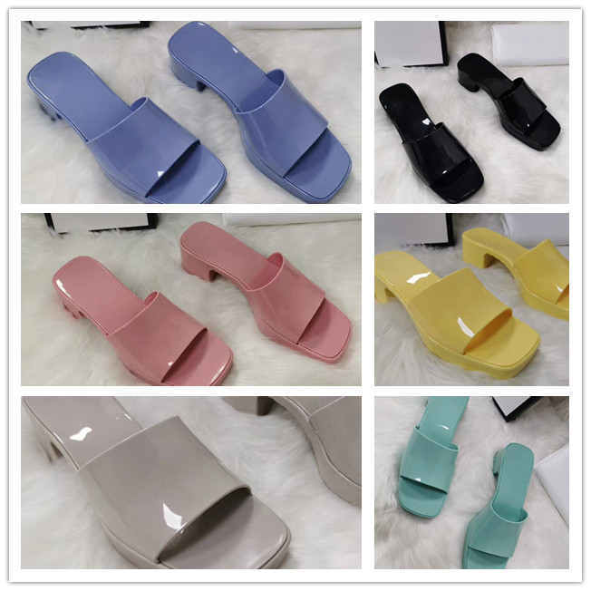 

The latest 2021 High quality designer high heels Jelly ladies shoes, Thick heeled slippers Fashionable color slippers size35-41 With box, #2