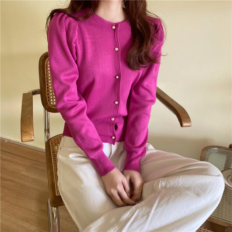 

French Retro Puff Sleeve Knitted Cardigan Outerwear Coat Women Long Sleeved Single-breasted Slim Crop Top, Black