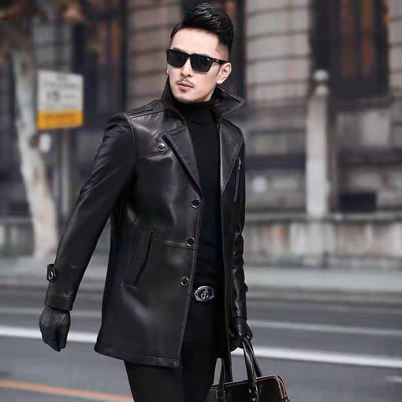 

Haining head layer sheep leather leather coat men's spring and autumn suit collar windbreaker men's medium long coat, Black
