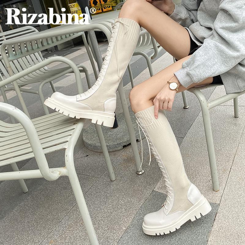 

RIZABINA Size 34-42 Women Real Leather Knee High Boots Flat Heel Women Lace Up Boots Fashion Casual Woman Long Footwear1, Black