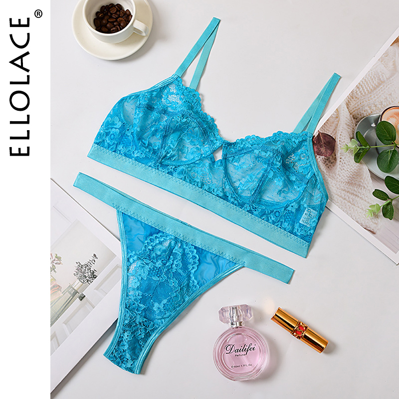 

Ellolace Sexy Lace Mesh Lingerie Underwear 2 Piece Women Wireless Bralette Pink Transparent Hollow Out 6 Color Panty Set Y200708, Red