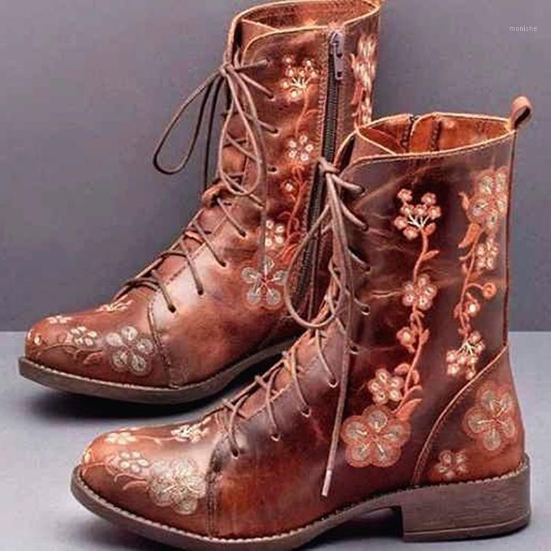 

Women Plus Size Boots Folk Custom Autumn Floral Printed Ladies Zipper PU Fashion1, Red