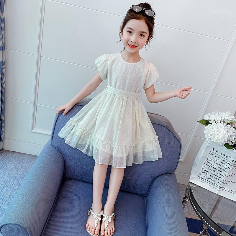

New Summer Baby Girl Fashion Princess Dress Kids Puff Sleeve Chiffon Dress Children Casual Sundress Clothes1, Cream-colored