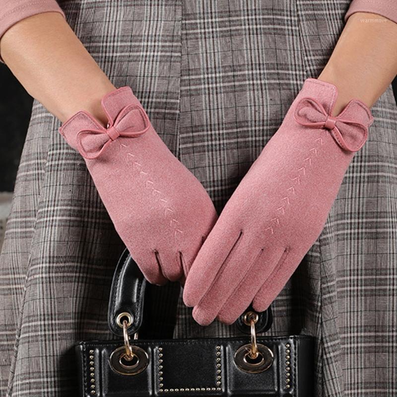 

Women Winter Cute Bowknot Touch Screen Gloves Outdoor Driving Windproof Thicken Plush Lined Leaves Embroidery Full Finger Mitten1