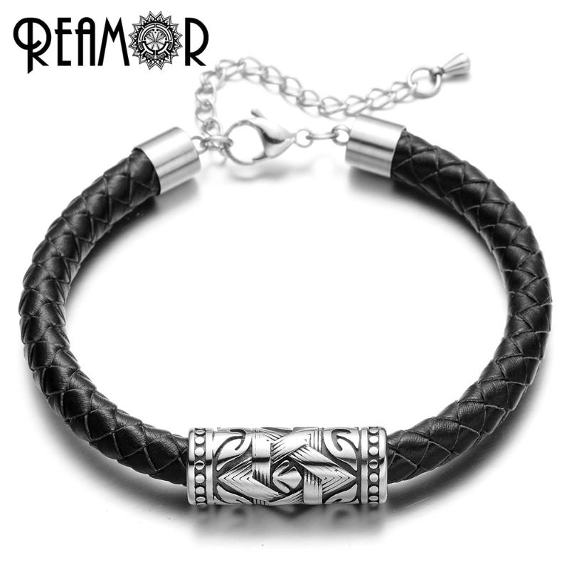 

REAMOR 316l Stainless steel David Star Barrel Bead Genuine Leather Charm Bracelets With Adjustable Chains Lobster Clasp Jewelry