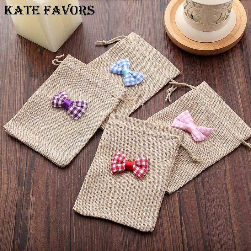 

Drawstring Gift Bags with High Quality Linen Material in Original Color 10*14cm Cute Bow Embellished Small Gift Bag Favors