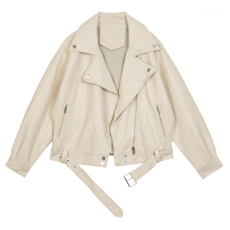 

Motorcycle Leather Jacket Women 2020 Spring Autumn New Fashion Lapel Short Coat Loose Black Beige Faux Leather Biker Jacket G1261