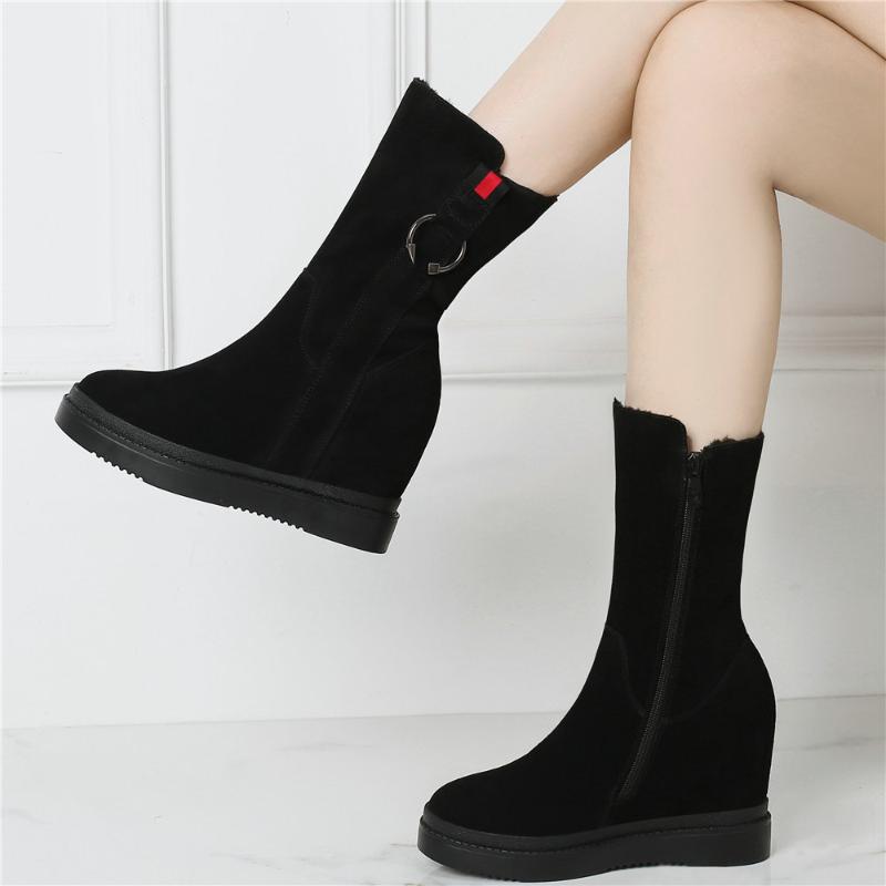 

High Top Oxfords Shoes Women Genuine Leather Wedges High Heel Ankle Boots Female Winter Warm Platform Pumps Shoes Casual, Black