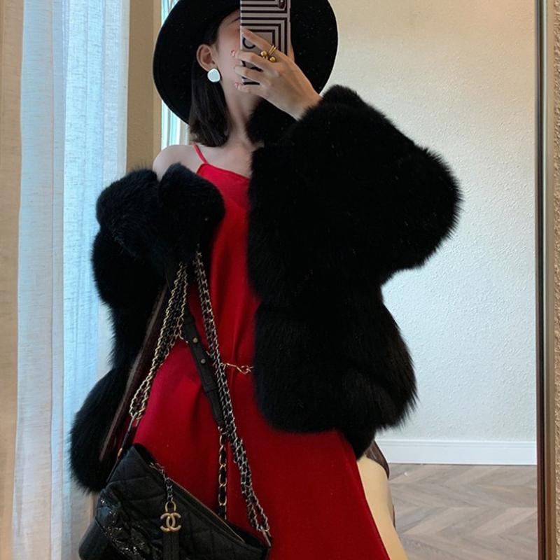 

Warm Thick Short Faux Fur Coat Women Winter Long Sleeves V Neck Jackets Popular White Slim Spliced Elegant Office Lady Overcoats
