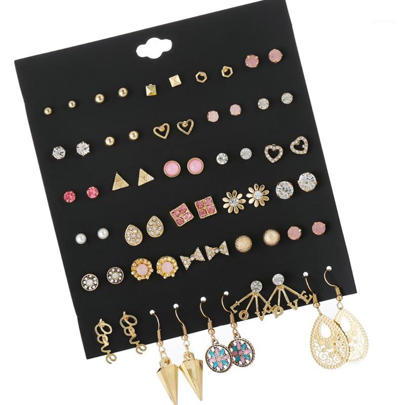 

30 Pairs/set Fashion Gold Metal Alloy Earrings For Women Geometric Square Hexagon Stud Earrings Set Pink Rhinestone Earring Gift1