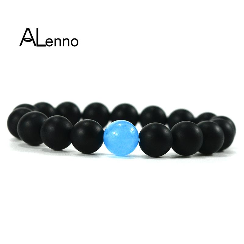 

ALenno 10mm Natural Matte Black Onyx & Chalcedony Stone Bead Strand Bracelets For Women Men Charm Bangles New Year jewelry Gifts