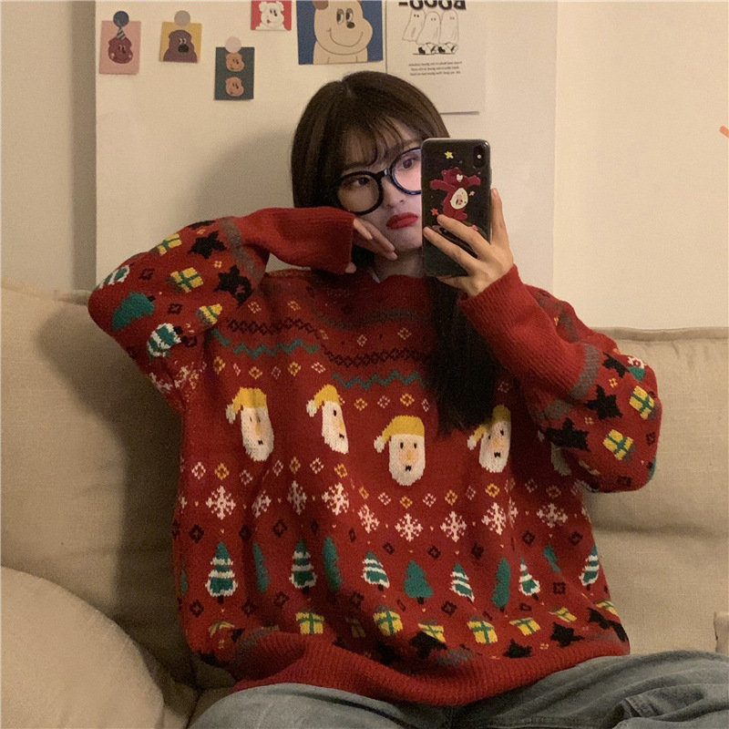 

Sweater coat women' winter thickened design sense small gentle lazy wind foreign style loose collar Christmas Knitted Top UU3J, Yes742 red