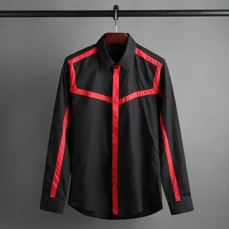 

Minglu 100% Cotton Mens Shirts Luxury Long Sleeve Stripe Splicing Casual Mens Dress Shirts Fashion Slim Fit Man 4XL, Black