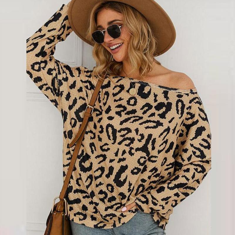 

New Style Blouse Women Loose Leopard Print Long Sleeve Strapless Shirt Blouse Women Tops Shirts 2020 Spring Autumn Winter, Beige