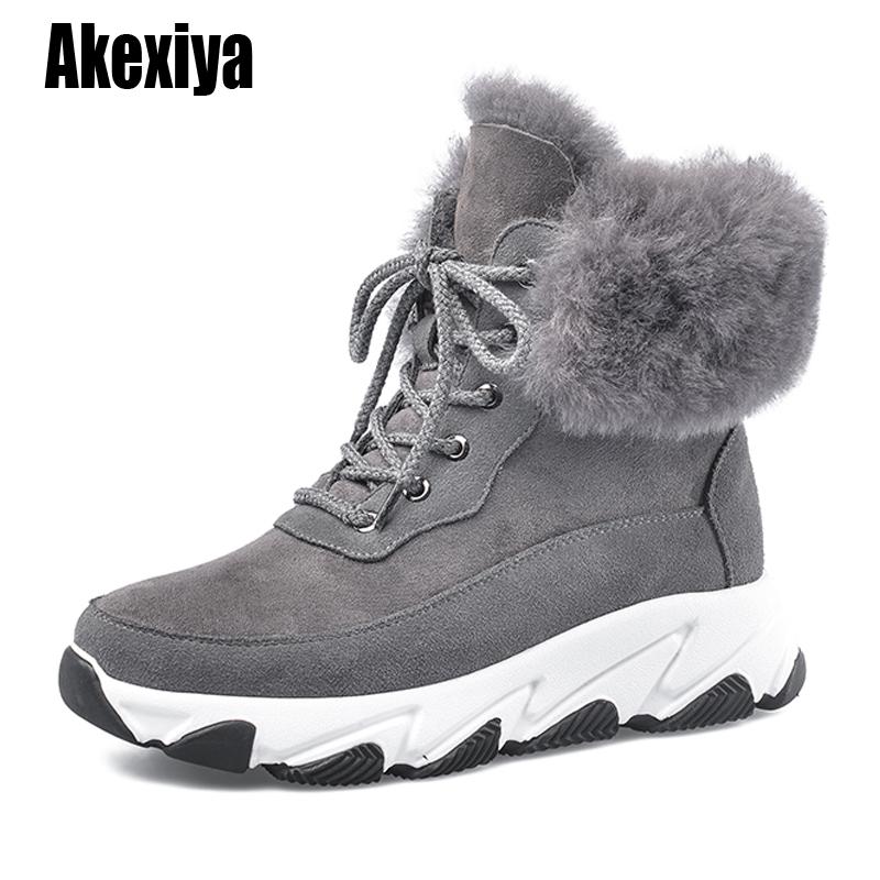 

Wool Snow Boots Women Round Toe black gray Lace up Winter Warm Ladies Fur Shoes Slip-On Handmade p723
