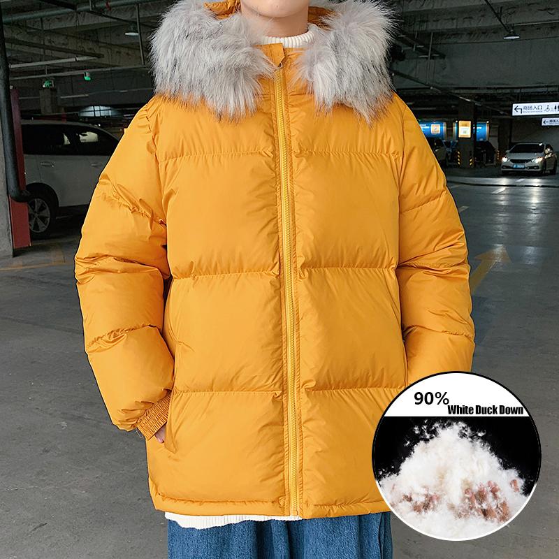 

Winter Warm White Duck Down Jacket Men's Large Oversize M-5XL Solid Hooded Down Coat Parka With Fur Collar Outer Streetwear, Black