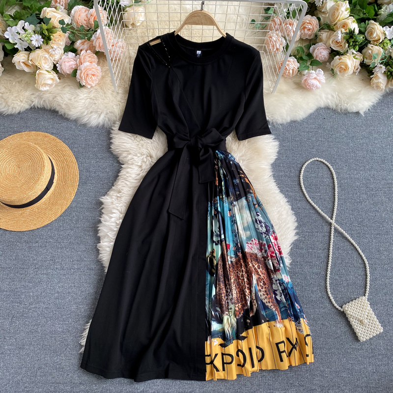 

2021 New Singiny design splice print neck short lace up the line dressed summer fashion streetwear dress VBD9, Black