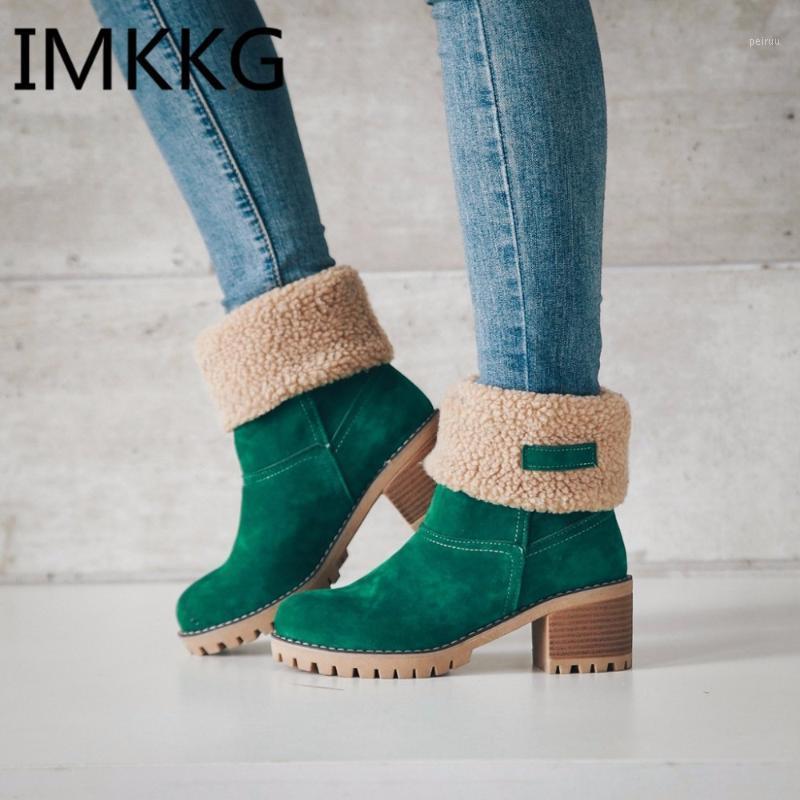 

Women's boots winter 2020 new suede thick with round head cuffed fur warm snow boots fashion high heel black green1