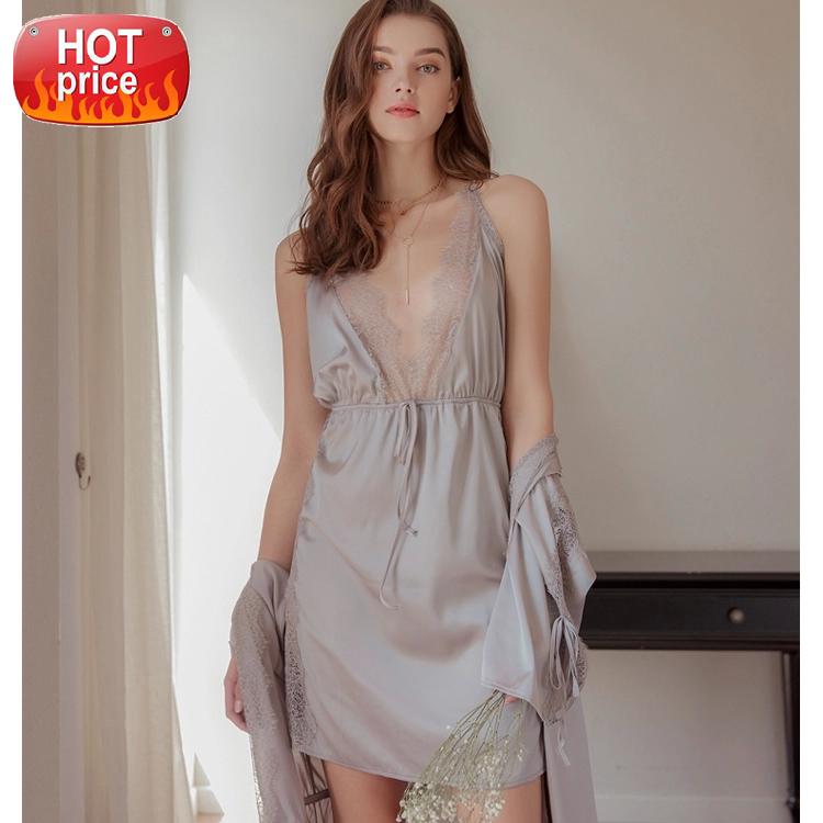 

Summer Sexy Straps Nightdress Thin Section Backless Simulation Silk Cute Girl Lace Nightdress Womens Nightgown Sleepwear #3H0i, Black;white