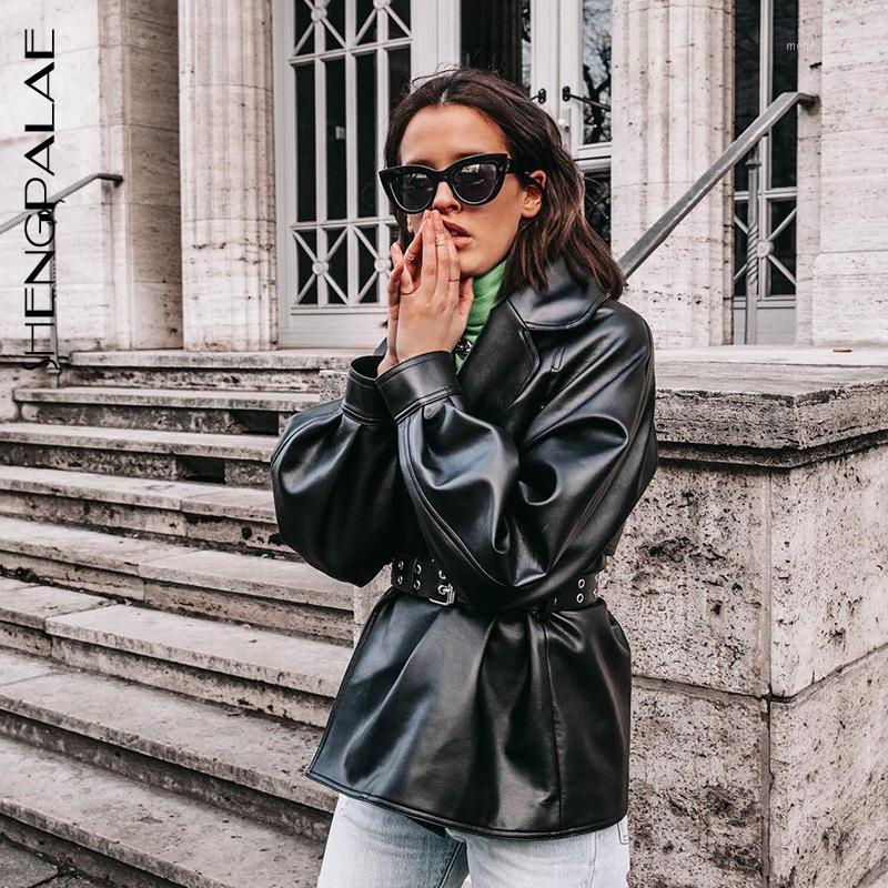 

SHENGPALAE 2020 New Spring Long Sleeve European And American Lapels Waist Motorcycle Leather PU Leather Jacket Windbreaker 2551, Black