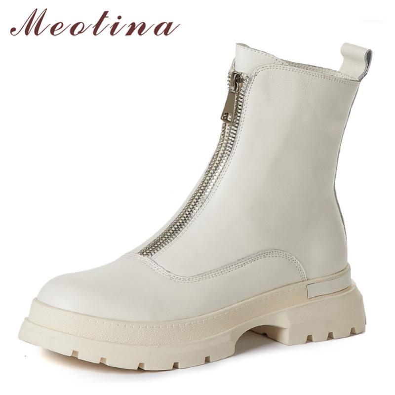 

Meotina Women Ankle Boots Shoes Natural Genuine Leather Platform Flats Short Boots Round Toe Zipper Ladies Autumn Black1, Black