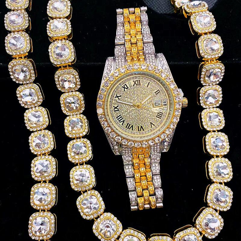 

Wristwatches 3pcs Full Iced Out Watches Mens Gold Tennis Chain Bracelet Necklace Bling CZ Women For Men Hip Hop Jewelry Luxury Watch Set, Slivery;brown