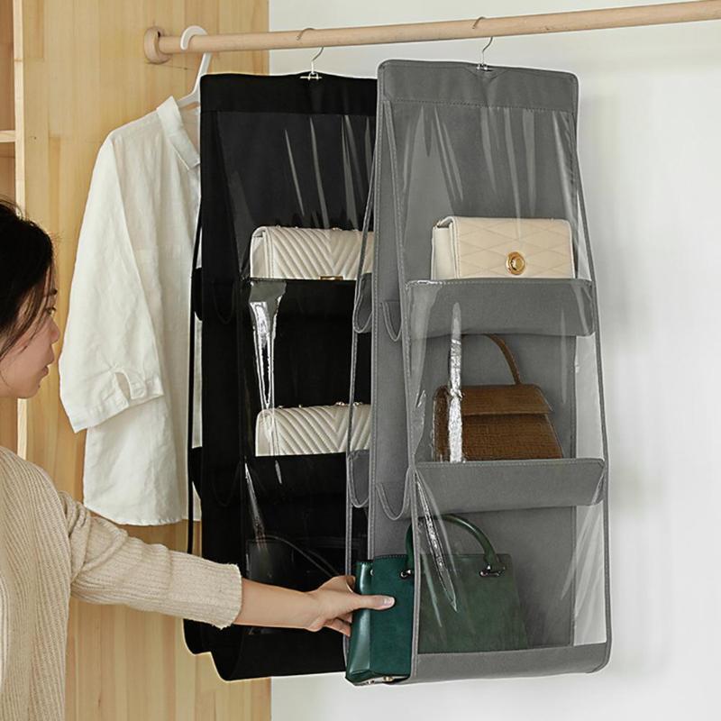

Practical 6 Pockets Folding Hanging Handbag Clear Purse Tote Bag Storage Holder Organizer Door Wall Closet Rack Hook Hanger