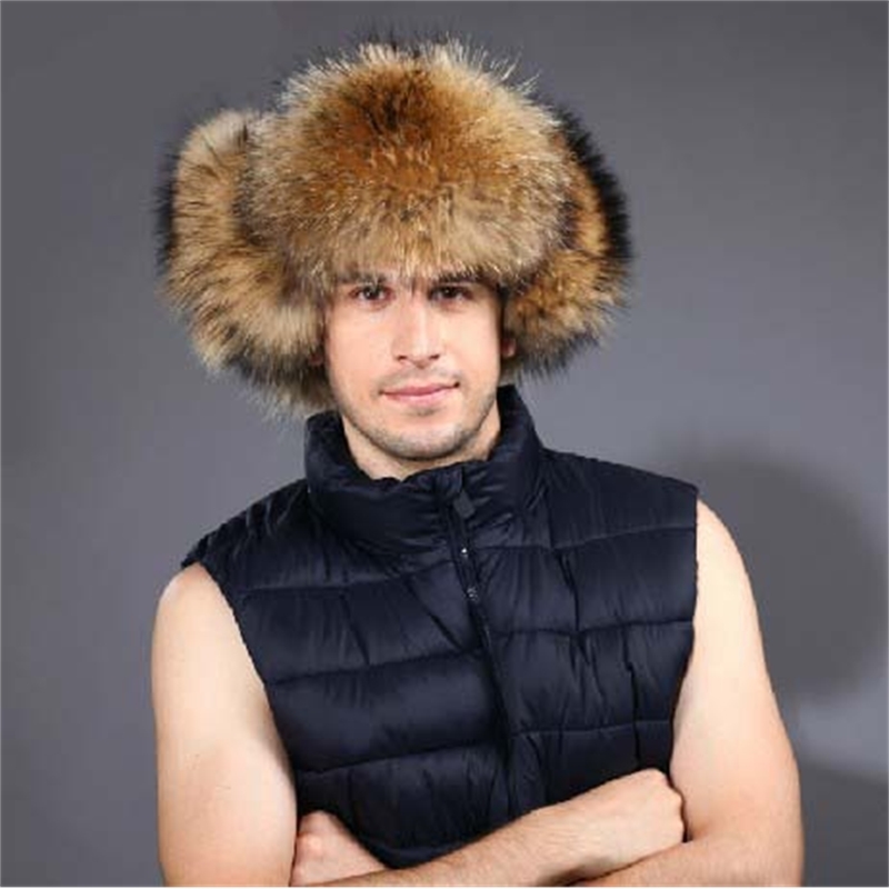 

Raccoon Skin True Man's Winter Fox's Hat Thermal Fashion Fur Cap C2lc, Reccoon ecru