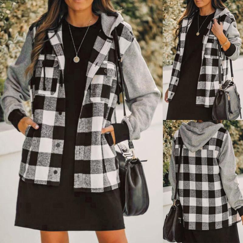 

Women' Plaid Patchwork Pockets Winter Oversized Outwear Long Sleeve Top Coats Jackets for Women Jacket women jackets 2020, Black