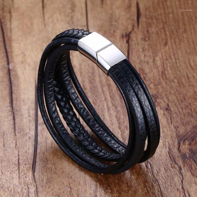 

Bracelets & Bangles Men Silver Color/Gold Color Stainless Steel Buckle Black Leather Bracelets Clasp Male Bangles Jewelry1