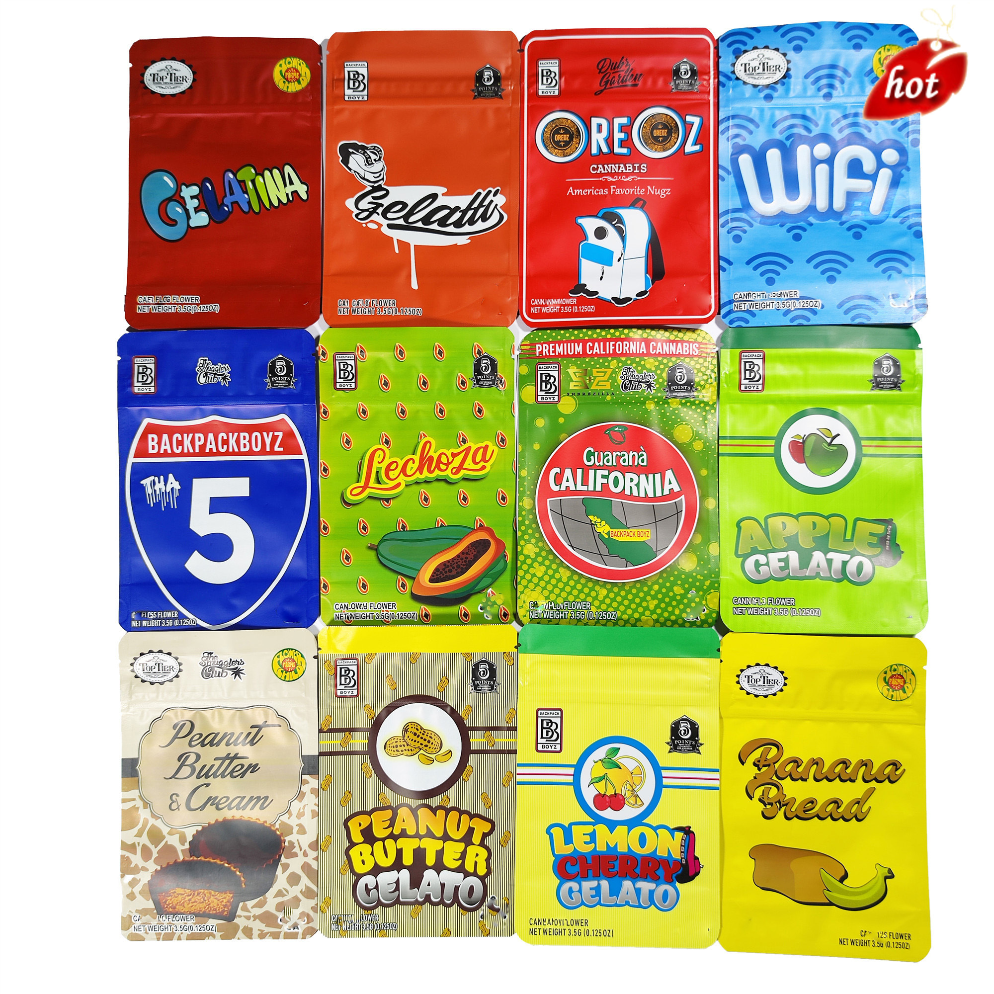 

Backpack boyz Backpackboyz cookie 3.5g mylar bag edible zipper Biscotti Blue cherry gelato Kool Lato Cake Mix Minit child proof lock smell bags pack package packing