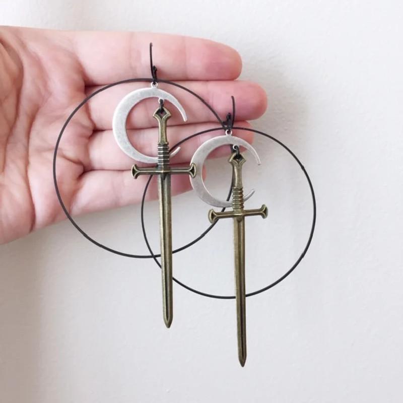 

Dangle & Chandelier Morgana Statement Earrings Bronze Version Crescent Ring Sword Classic Eardrop Big Punk Mystical Jewellery Women Gift Met