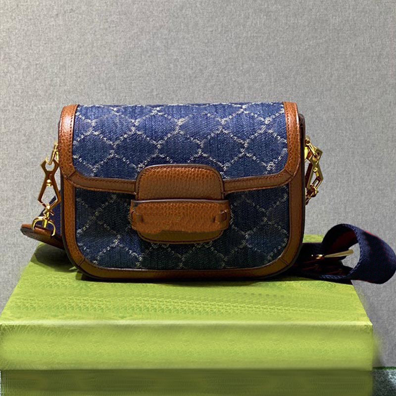 

Denim Saddle Bag Canvas Handbag Purse Messenger Crossbody Bags Classic Letter Buckle Removable Adjustable Striped Shoulder Strap Vintage, Blue