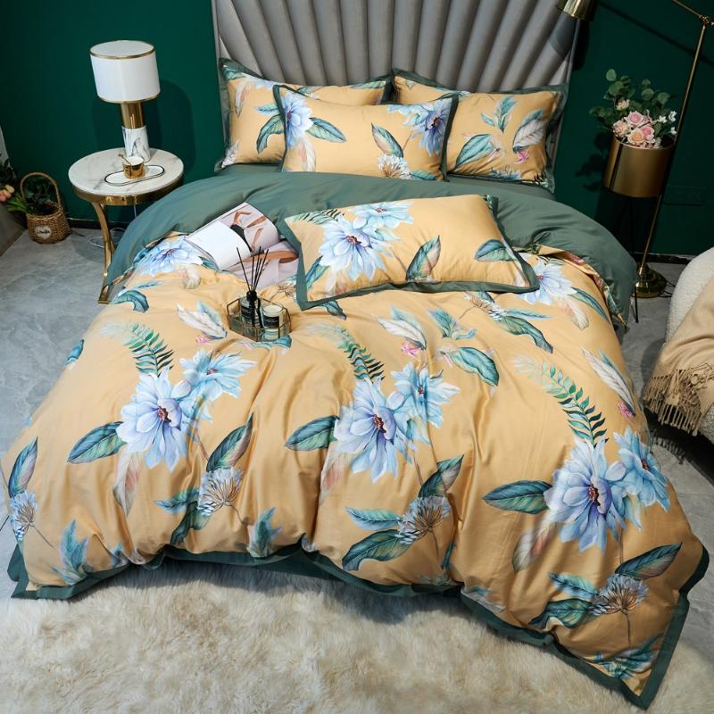 

Yellow Pastoral Bedding set 100% Egyptian cotton bedclothes flower print satin girls duvet cover queen king size hometexitle, As pic