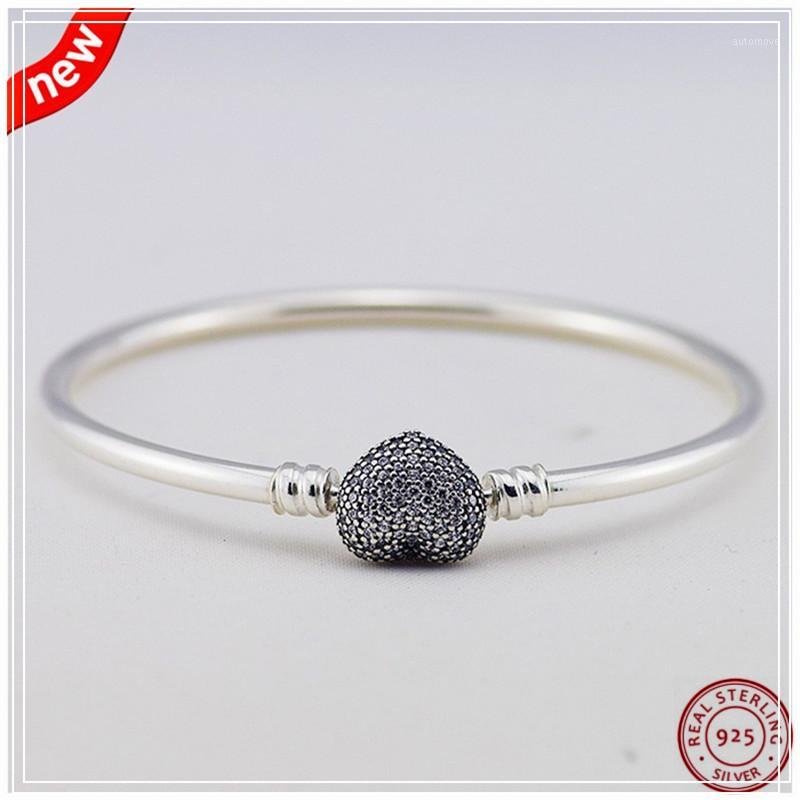 

Romantic Heart-Shaped Clasp Bangles Bracelets for Women Jewelry in Real 925 Sterling Silver Pave-Set Stones Engraved FLB0151