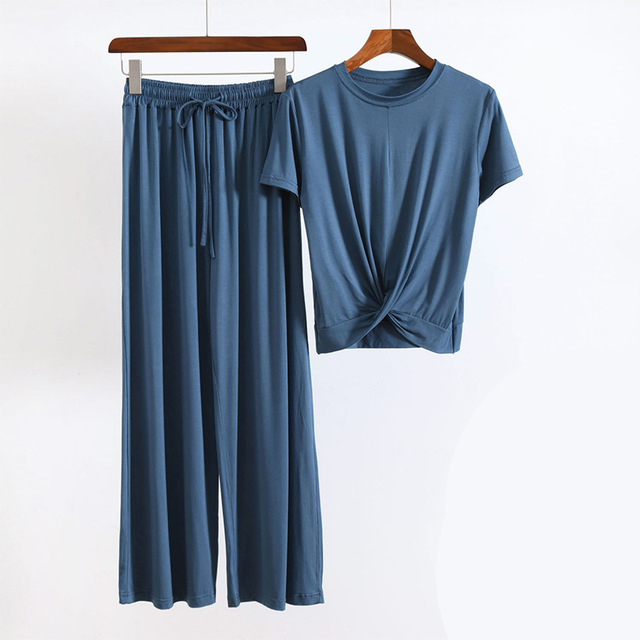 

2021 2pcs Modal Pyjamas Women's Ensemble Short Sleeves Spring Pajamas New Fall Home Loose Clothes Long Pant Sleep Suit 78EF, Iron gray