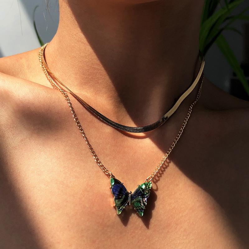 

European and American fashion jewelry creative versatile multi-layer neckchain resin Butterfly Pendant Necklace hot sale