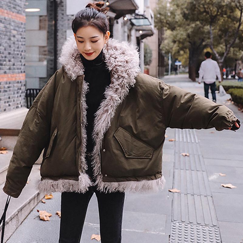 

Lamb Wool Cotton Coat Women' Short 2021 New Winter Oversize Cotton-Padded Jacket Cotton Clothes Overalls, Army green
