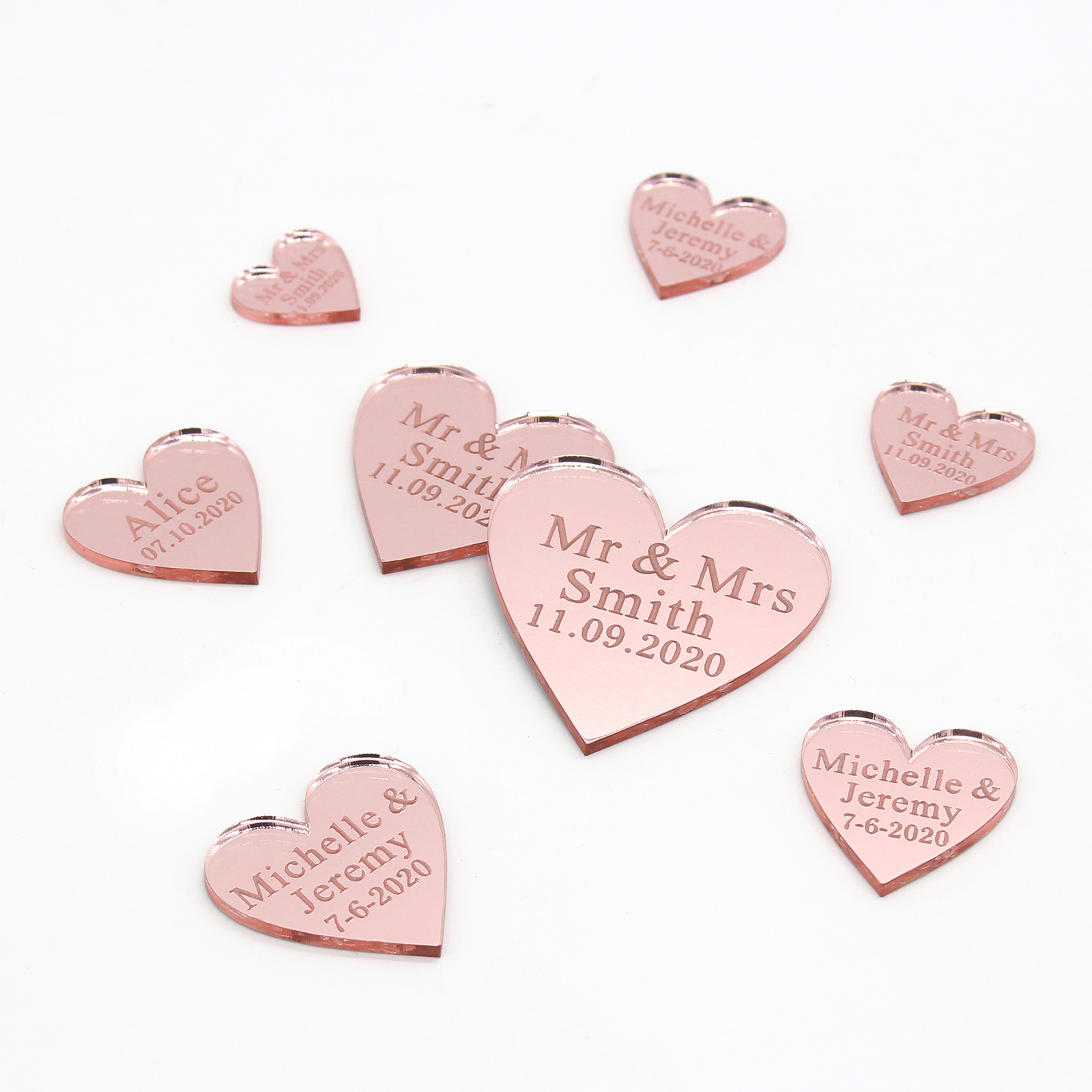

50Pcs Personalized Engraved Acrylic Mirror Love Heart With Hole Gift Tags Wedding Party Table Confetti Decor Centerpieces Favors 201203
